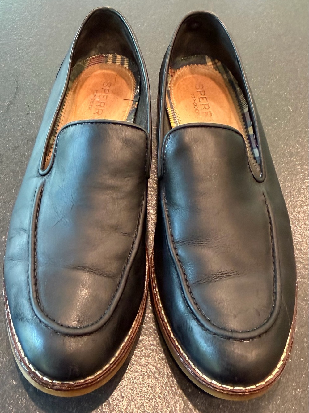 Sperry Black Leather Slip-On Loafers Plaid Lined Comfort Shoes 6.5 - Picture 3 of 11